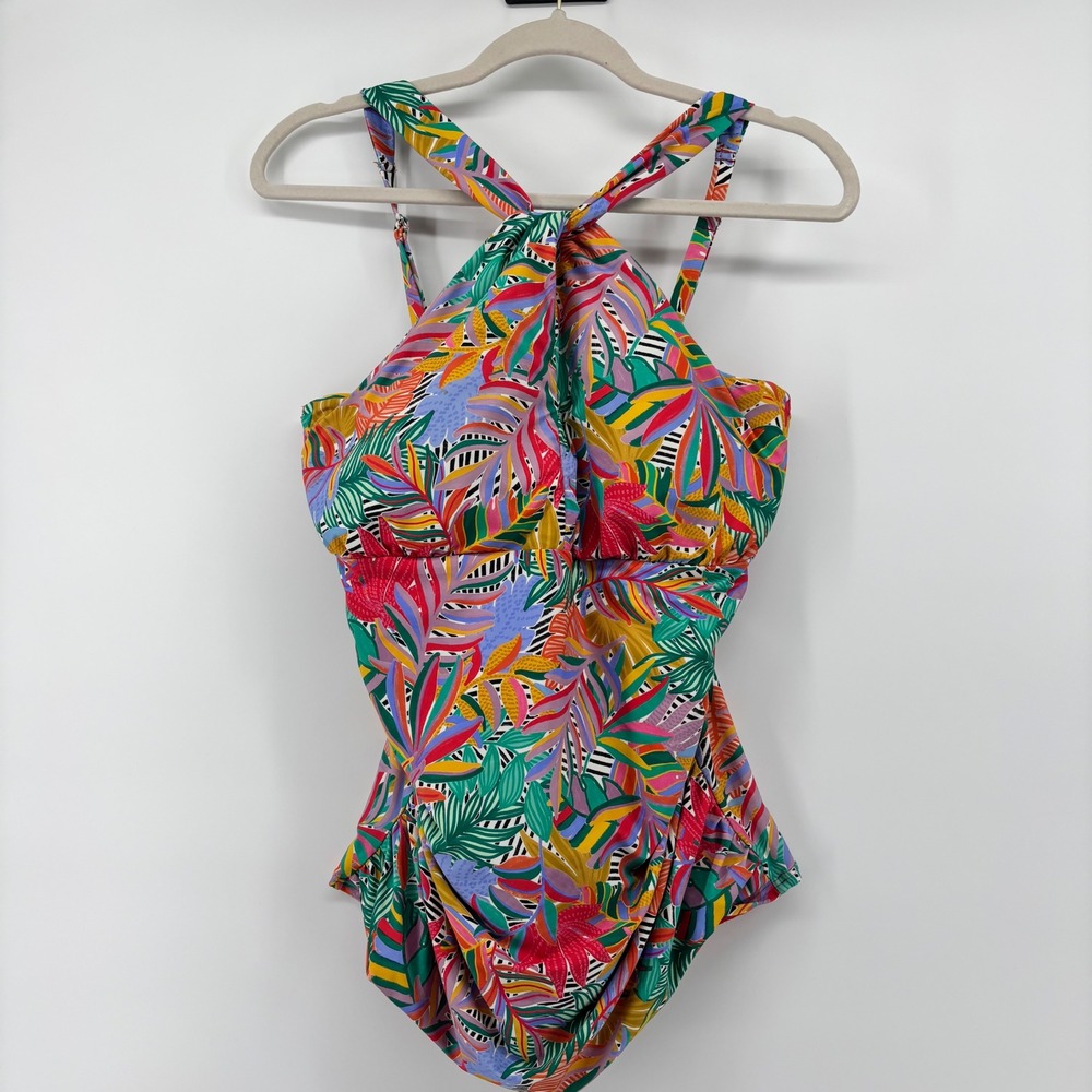 Birdsong Wild Tropic Twist Front Halter Tankini Top Multicolor 38DDD